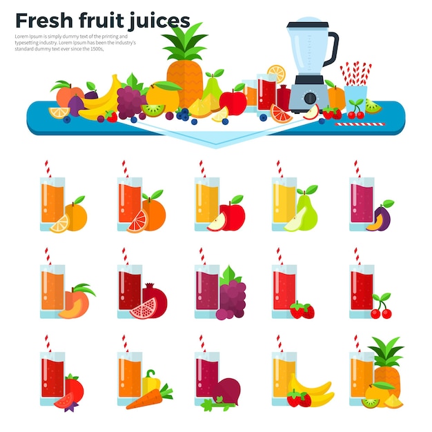 Fresh fruits and  liquidizer Orange apple pear plump peach pomegranate grapes banana juices