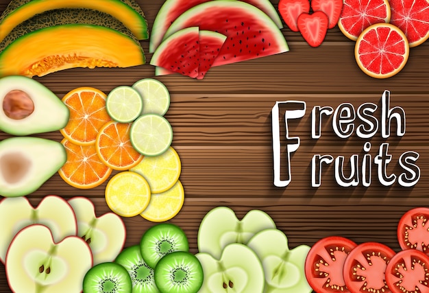 Vector fresh fruits slices on the table background