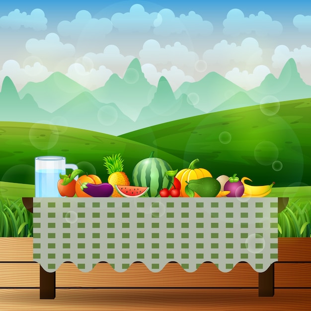 Vector fresh fruits on table in the middle of nature background