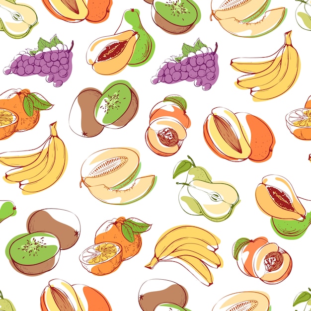 Fresh fruits on white background seamless pattern