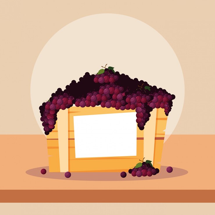 Vector fresh grapes fruits in wooden crate