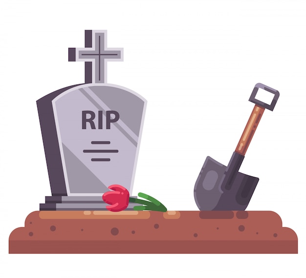 fresh grave with stove and christian cross. dig a shovel. flat illustration.