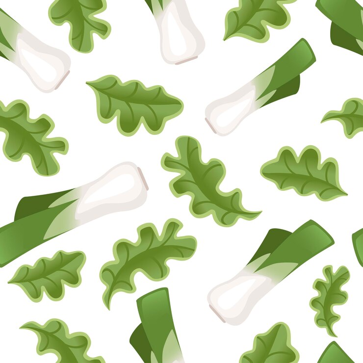 Vector fresh green leek with green lettuce seamless pattern flat vector illustration on white background.