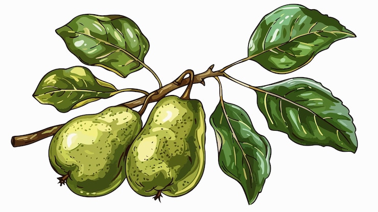 Vector fresh green pear fruit on branch