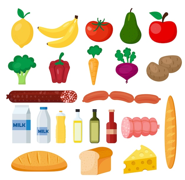 Fresh grocery set. Milk, vegetables, cheese, sausages, wine, fruits, juice bread olia Vector illustration flat design EPS 10