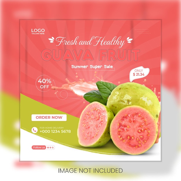 Modello di banner post instagram di cibo per social media frutta guava fresca