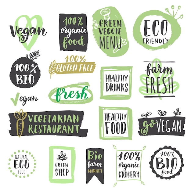 Vettore set di etichette e tag di alimenti vegani biologici freschi freschi
