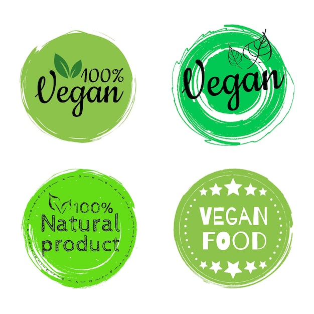 Vettore etichette e etichette con logo per alimenti vegani biologici freschi e sani illustrazione disegnata a mano vettoriale logo eco verde rotondo segno di cibo vegano con etichetta foglie per design di imballaggio bar ristoranti