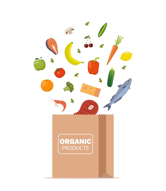 Fresh healthy products are dropped into a paper bag Organic food from the farm