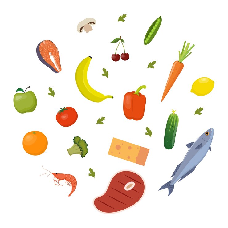 Вектор свежие полезные продукты. органические продукты с фермы. овощи, мясо, рыба и фрукты.