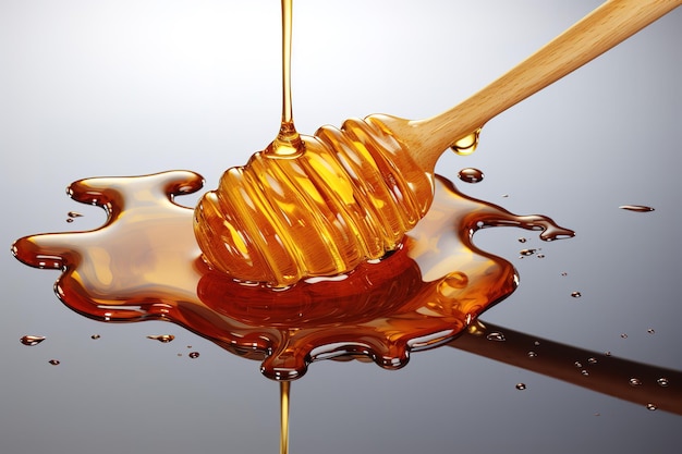 Vector fresh honey dripping from wooden honey dipper on white background 3d illustration