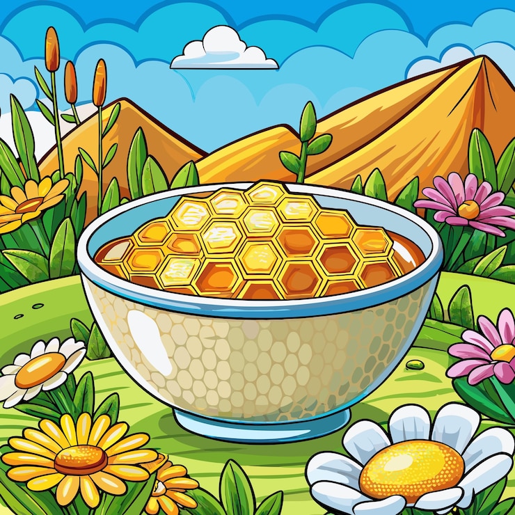 Vector fresh honeycomb in white bowl with wild flowers