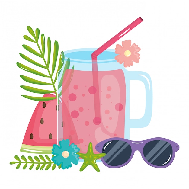 fresh juice fruit jar with straw and sunglasses