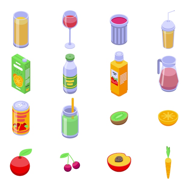 Fresh juice icons set, isometric style