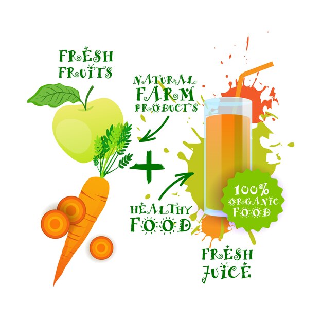 フレッシュジュースのロゴ健康的なカクテルアップルとニンジンミックス天然食品農産物ラベル
