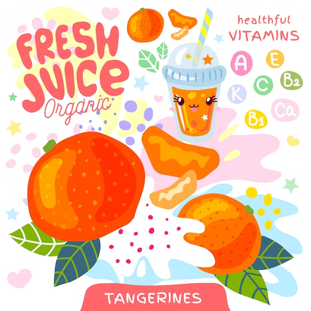 Vector fresh juice organic glass cute kawaii character. abstract juicy splash fruit vitamin funny kids style. tangerines citrus tropical exotic yogurt smoothies cup.   illustration.