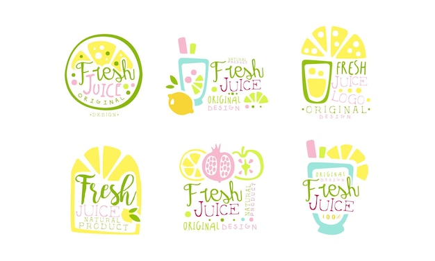 Vector fresh juice original design labels collection natuurlijke producten kleurrijke met de hand getekende badges vector illustratie
