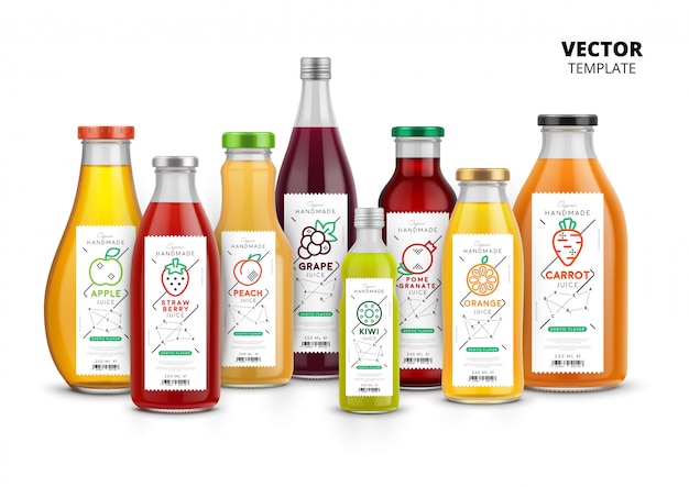 Vector fresh juice realistic glass canned bottle packaging set