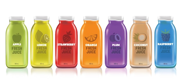 Vector fresh juice realistic glass canned bottle set