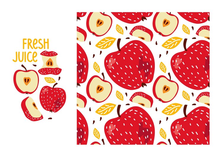 Vector fresh juice red apple fruit and apple slices with leaf and seamless red apple pattern fresh fruits