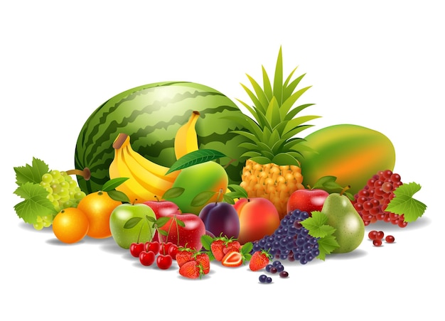 Fresh juicy fruit and berries isolated on white background