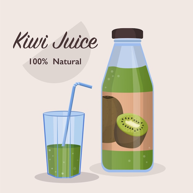 Fresh kiwi juice in a glass bottle concept Kiwi drops on juice splash and ripple