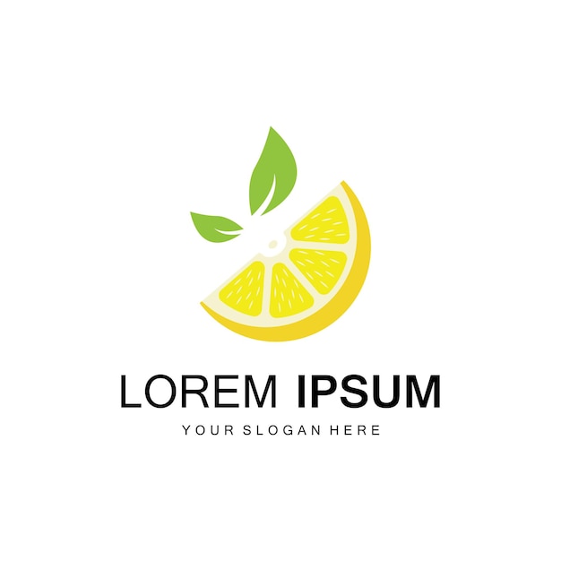 Logo vettoriale di frutta fresca al limone con foglie per bevanda fresca alla frutta al limone