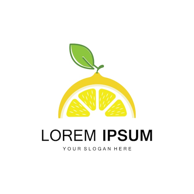 Logo vettoriale di frutta fresca al limone con foglie per bevanda fresca alla frutta al limone