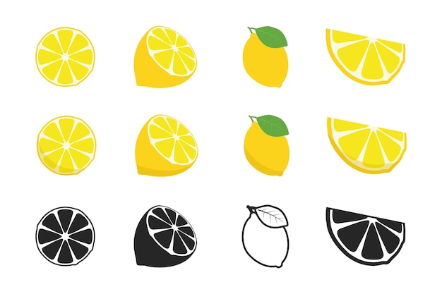 Vector fresh lemon fruits, collection of vector illustrations