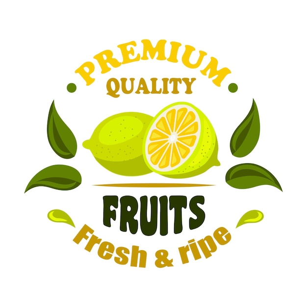 Fresh lemon fruits round badge with leaves