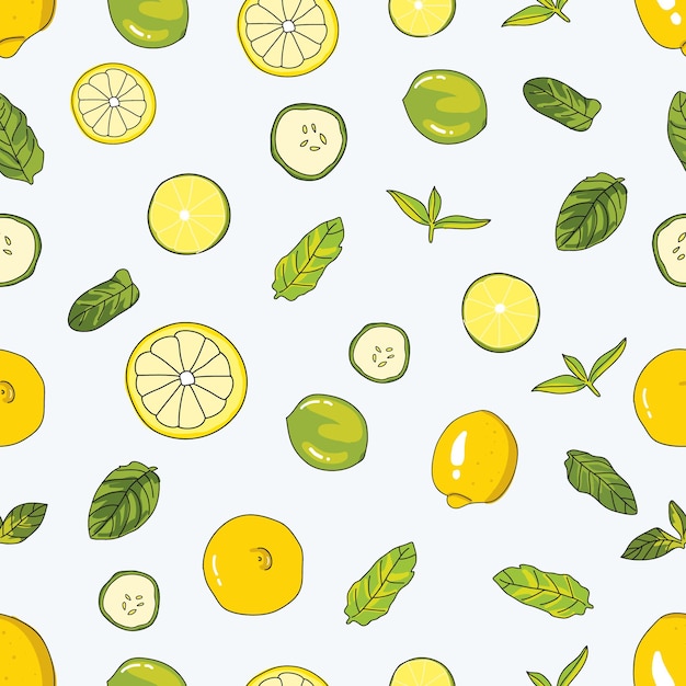 Fresh lemon and lime with leaf seamless pattern on light green background