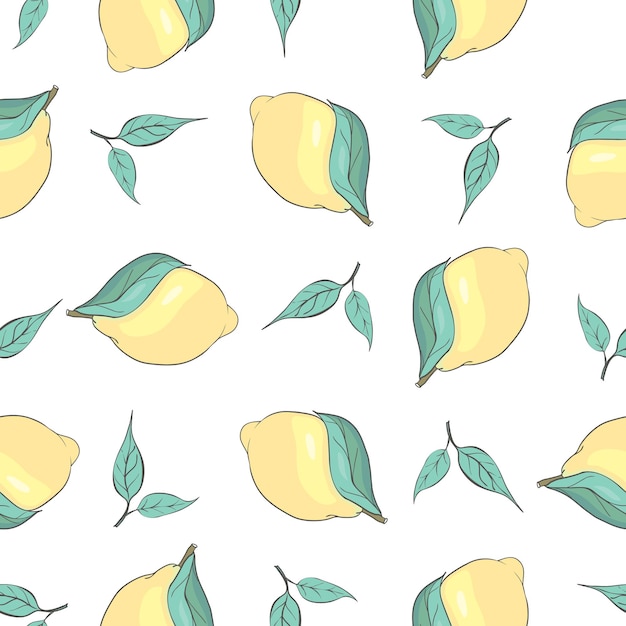 신선한 레몬 배경, 손으로 그린 아이콘. 다채로운 원활한 패턴