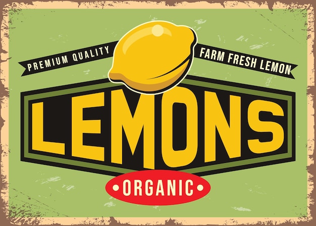 Fresh lemons retro tin sign design vector