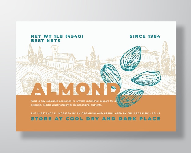 Fresh local almond food label template abstract vector packaging design layout modern typography banner with hand drawn nuts and rural landscape background isolated