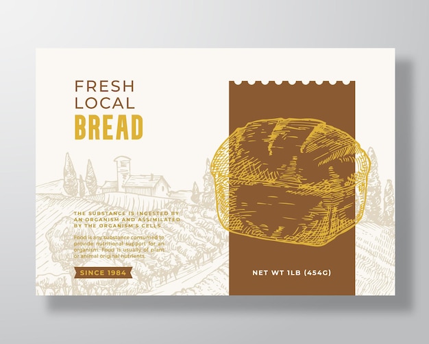 Modello di etichetta di pane fresco locale. disposizione di disegno di imballaggio di vettore astratto. banner di tipografia moderna con pane a lievitazione naturale disegnato a mano e sfondo di paesaggio rurale. isolato.