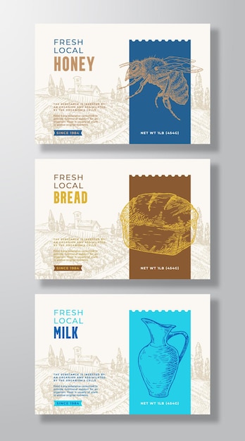 Fresh local food label templates set. abstract vector packaging design layouts collection. banners with hand drawn honey bee, bread, milk and rural landscape background. isolated.