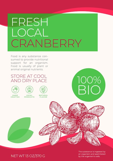 Fresh local fruits and berries label template abstract vector packaging design layout modern typography banner with hand drawn cranberry sketch silhouette background