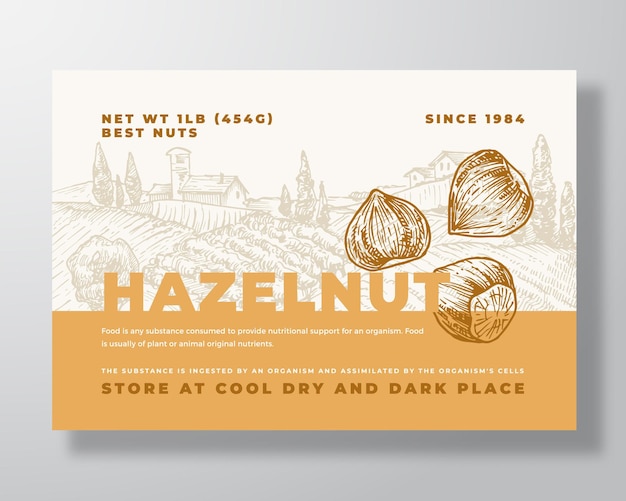 Fresh Local Hazelnut Food Label Template Abstract Vector Packaging Design Layout Modern Typography Banner with Hand Drawn Nuts and Rural Landscape Background Isolated