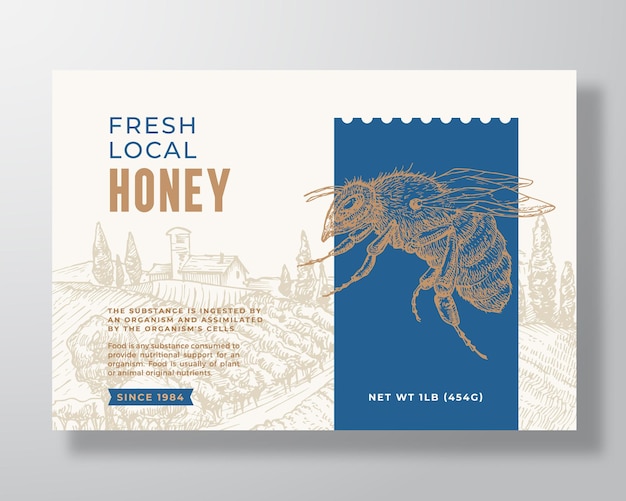ベクトル 新鮮な地元の蜂蜜ラベルテンプレート抽象的なベクトルパッケージデザインレイアウトモダンなタイポグラフィバナーwi ...