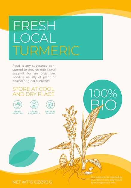 Fresh local turmeric label template abstract vector packaging design layout modern typography banner with hand drawn curry plant and root sketch silhouette background isolated