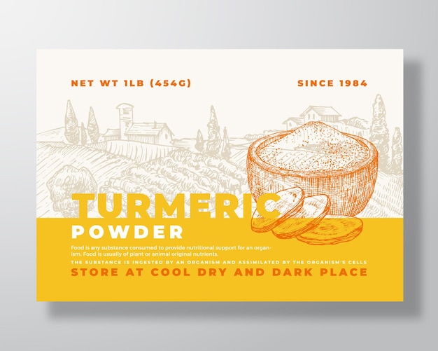 Fresh local turmeric plant powder food label template abstract vector packaging design layout modern typography banner with hand drawn curcuma spice and rural landscape background isolated