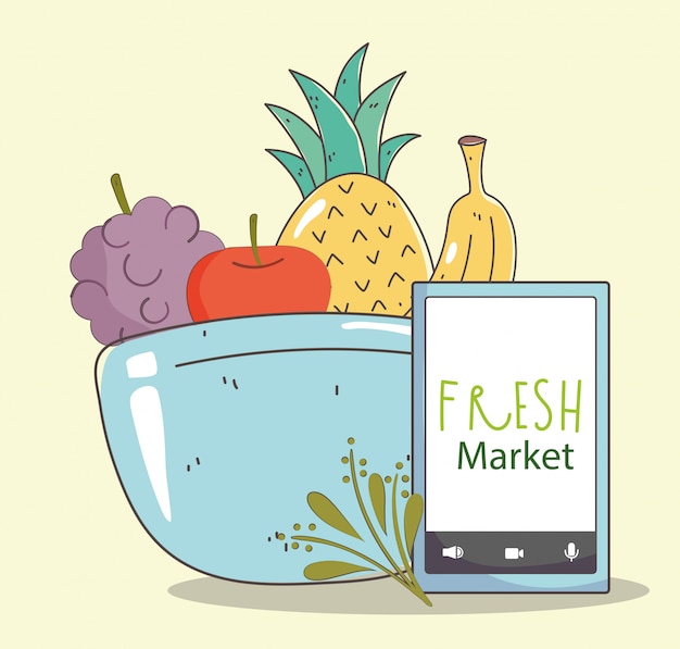 Fresh market smartphone organic healthy food bowl fruits and vegetables