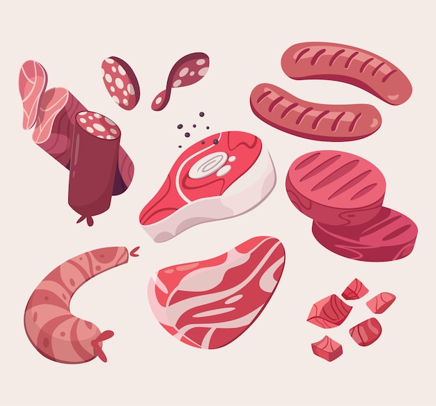 Иллюстрация набора свежего мяса и колбасы