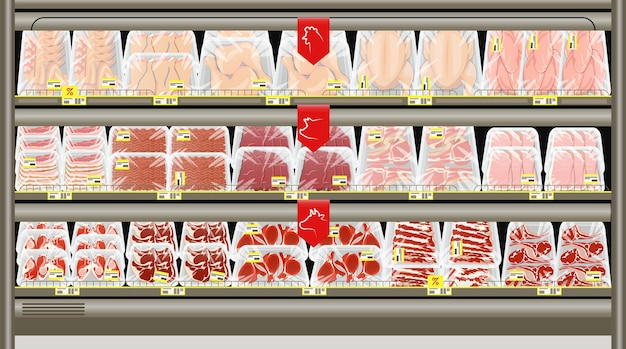 벡터 정육점 카운터의 트레이에 포장된 신선한 고기 냉동 및 냉장 식품