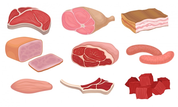 Prodotti a base di carne fresca e carne cruda. illustrazione.