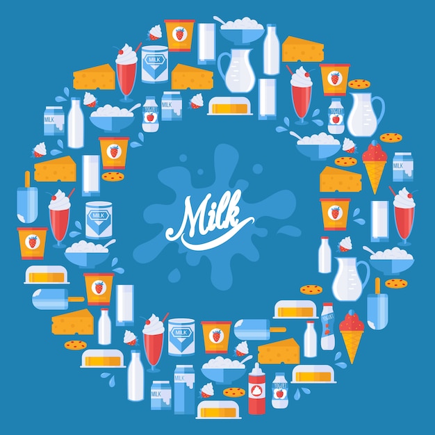 Парное молоко и молочные продукты в круглом составе кадра, иллюстрации.