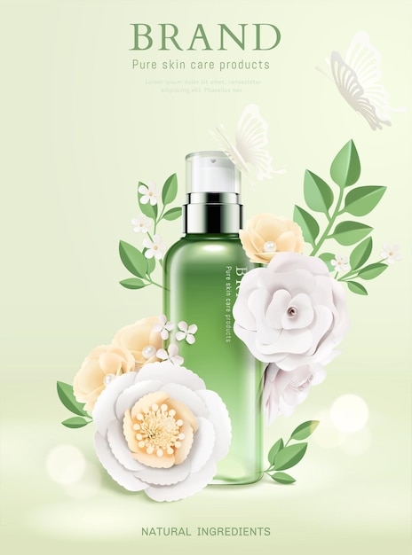 3d 그림에서 종이 꽃과 신선한 수분 스프레이 광고