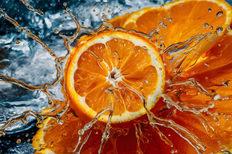 Vector fresh orange dropped into water