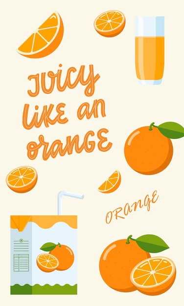 Набор свежих апельсиновых фруктов и соков Бесплатные векторные шаблоны