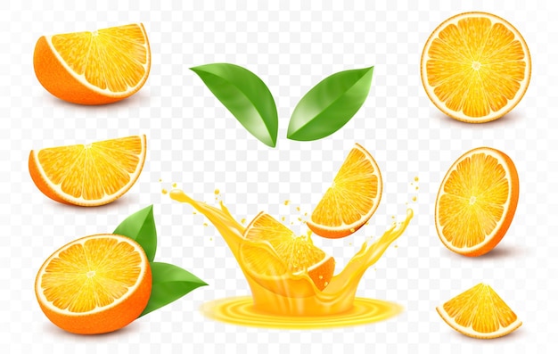 Fresh orange fruits and splashes of juice 3d realistic vector icon set isolated on transparent background